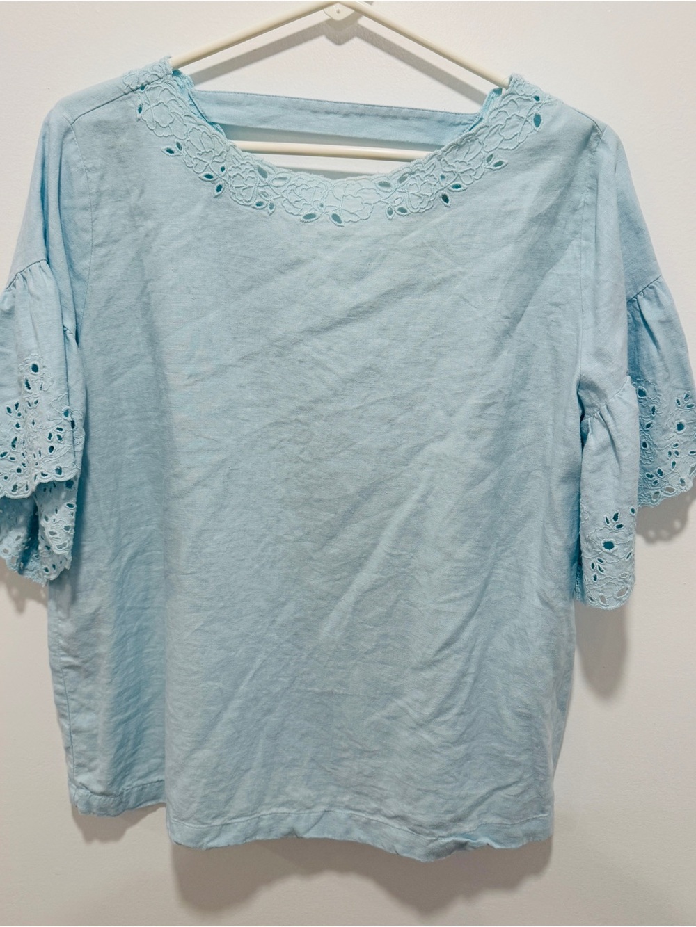 LOFT Pale Blue Linen Eyelet-Sleeve Blouse